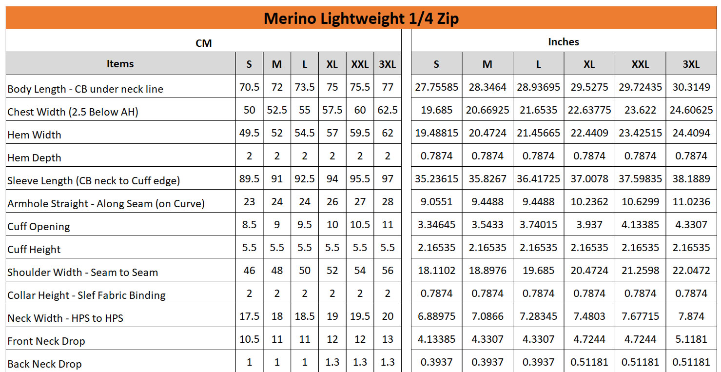 Merino Lightweight Sizing